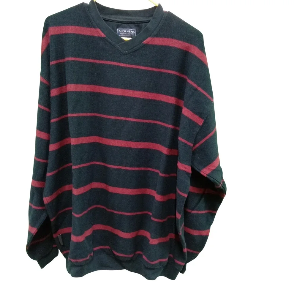 Duck Head Men's LARGE Striped V‎ Neck Long Sleeve Pullover Sweatshirt
